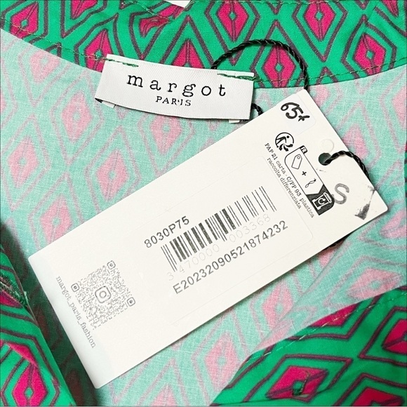 Margot Paris NWT Popover Dress Small 100% cotton green geometric print mod boxy - Picture 6 of 11